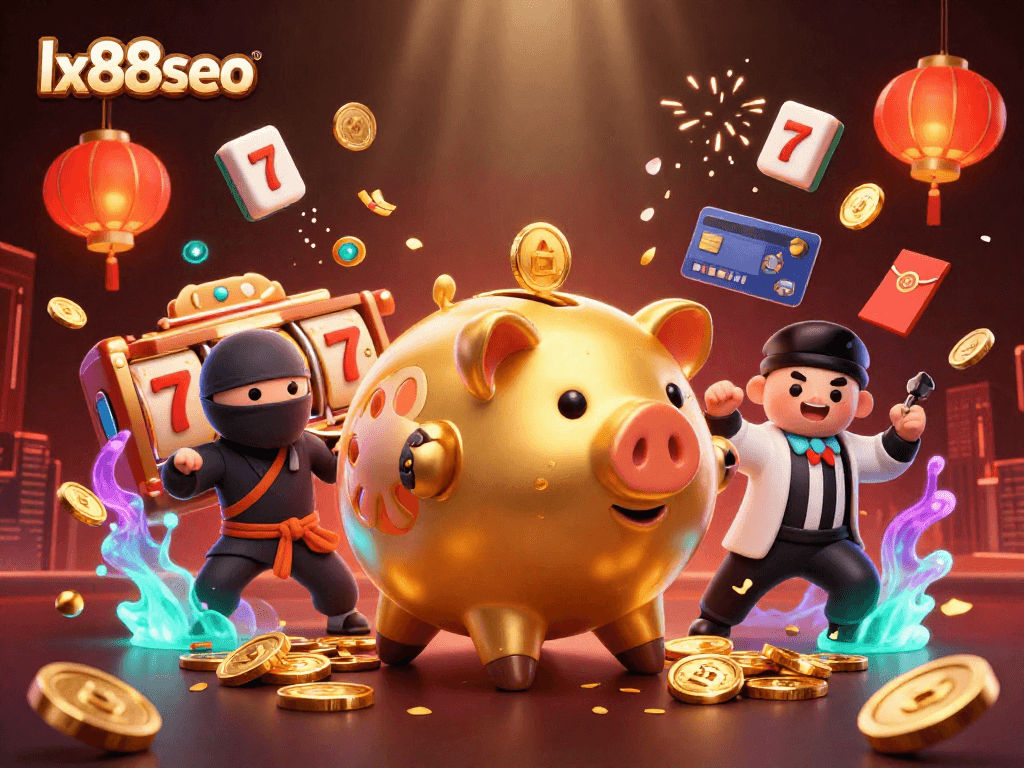 Celebrate wins with the lx88seo casino illustration showcasing gold coins and vibrant gaming elements.