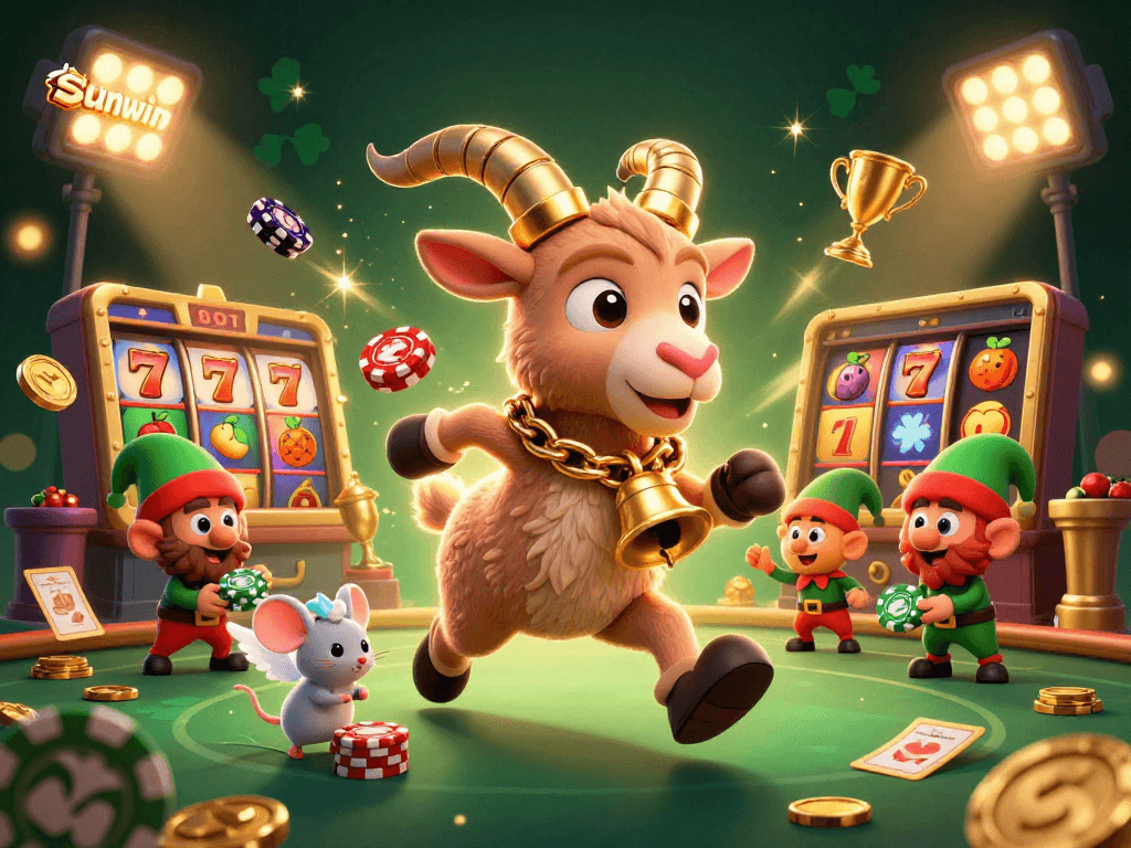 Experience exciting gaming action at sunwin with festive characters in a vibrant casino scene.