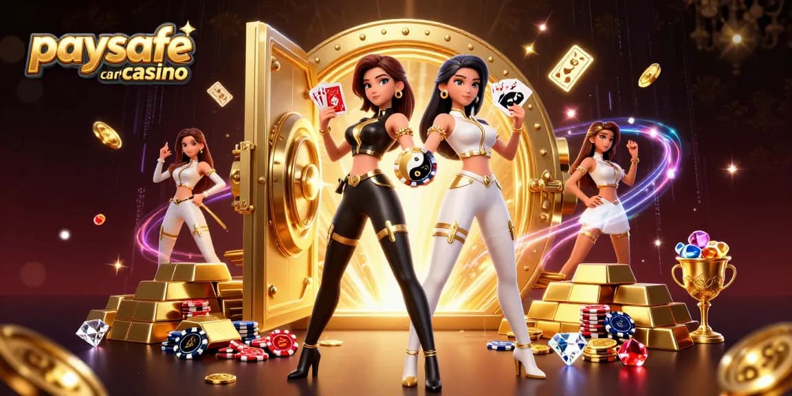 Erleben Sie die Aufregung des Paysafe Card Casinos mit einer lebhaften 3D-Illustration von zwei asiatischen Frauen, die Spielkarten in einer szene voller Schätze halten.