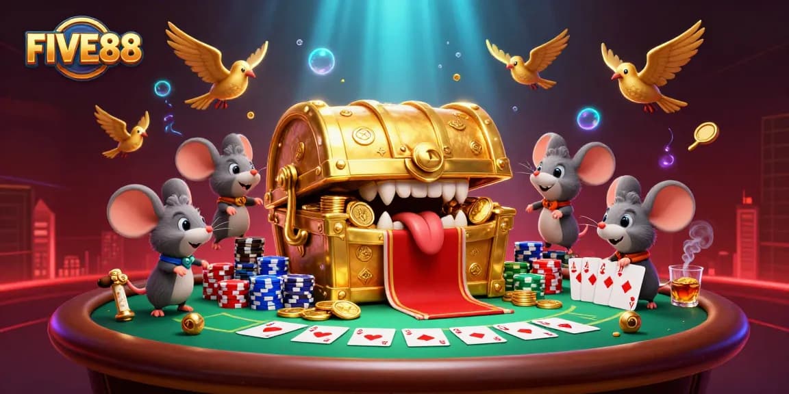 Engage with FIVE88's thrilling casino adventure featuring poker elements and a treasure chest.
