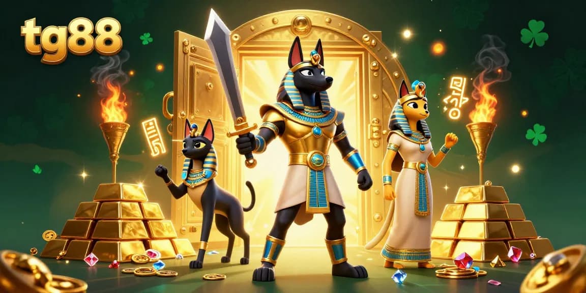 Spin and win in the tg88 casino scene, showcasing Anubis and Bastet surrounded by gold treasures.