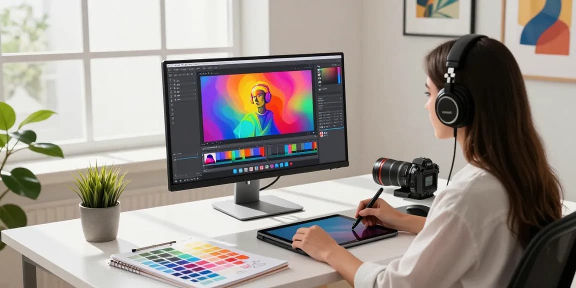 A graphic designer using Nano Banana AI in a bright digital workspace, showcasing creativity and innovation in image editing.
