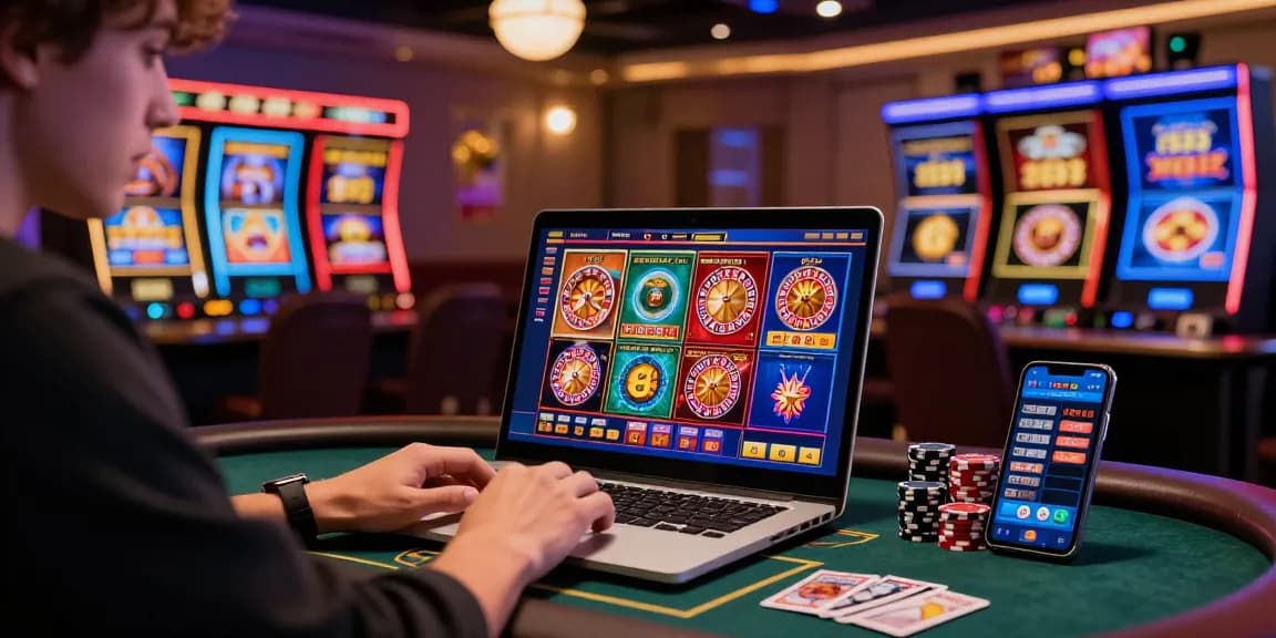 Player exploring pin up en linea slots and table games online, vibrant casino atmosphere.