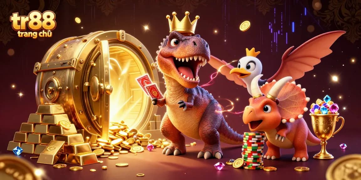 Join the fun at tr88 trang chủ with a colorful casino scene featuring animated dinosaurs playing cards