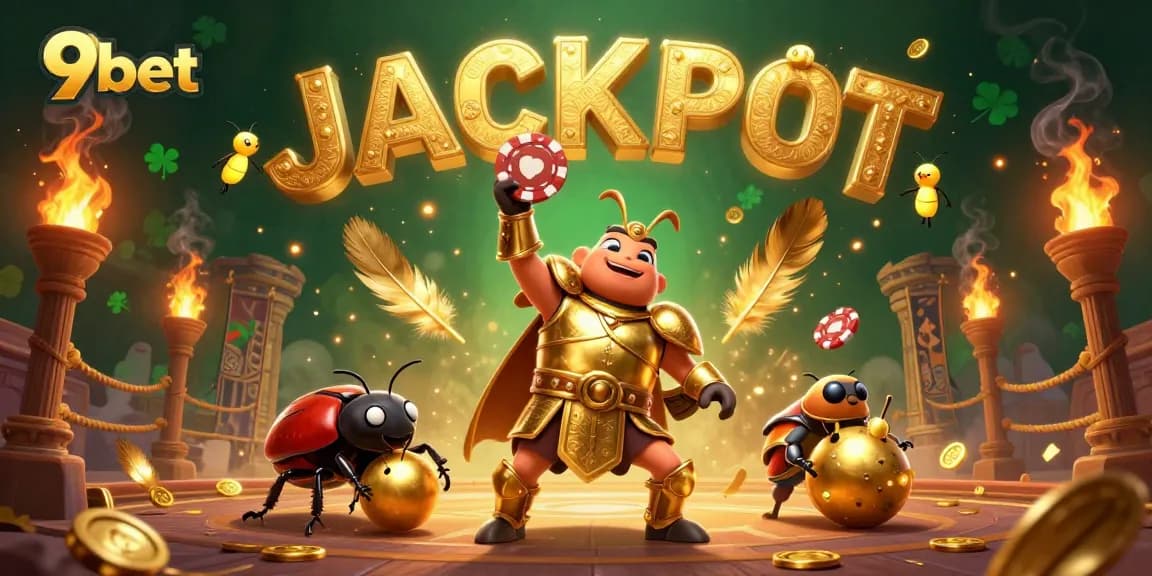 Win big with 9bet in this dynamic casino scene featuring a victorious beetle!