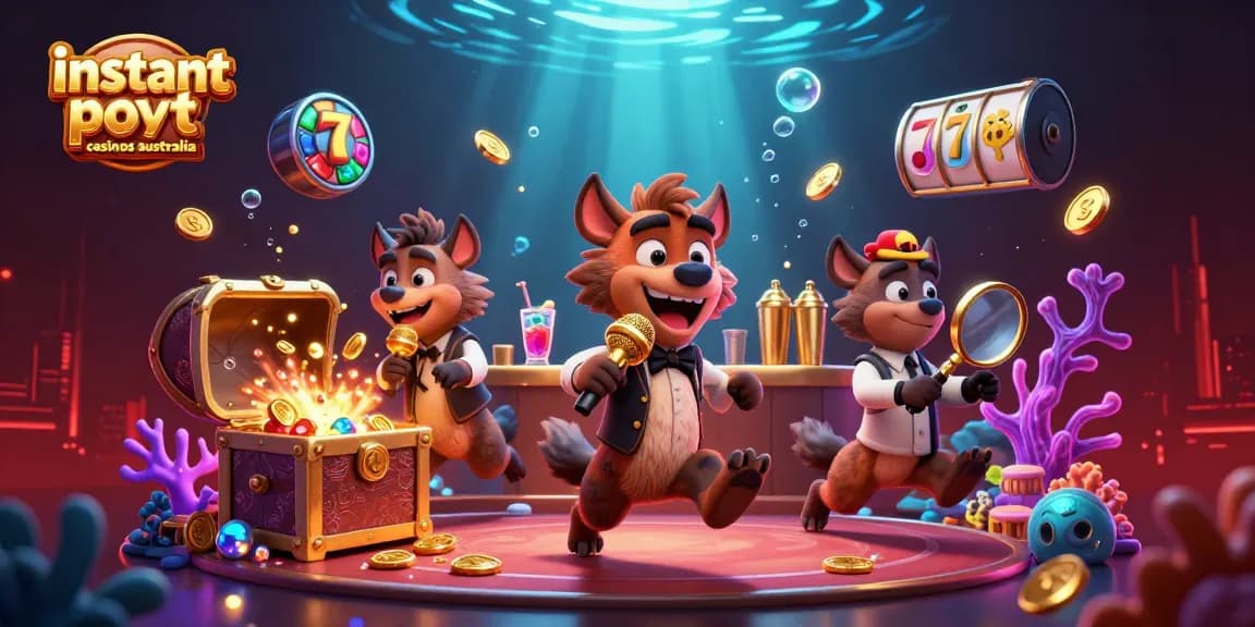 Experience instant payout casinos Australia with a vibrant 3D scene filled with hyenas and gaming elements.