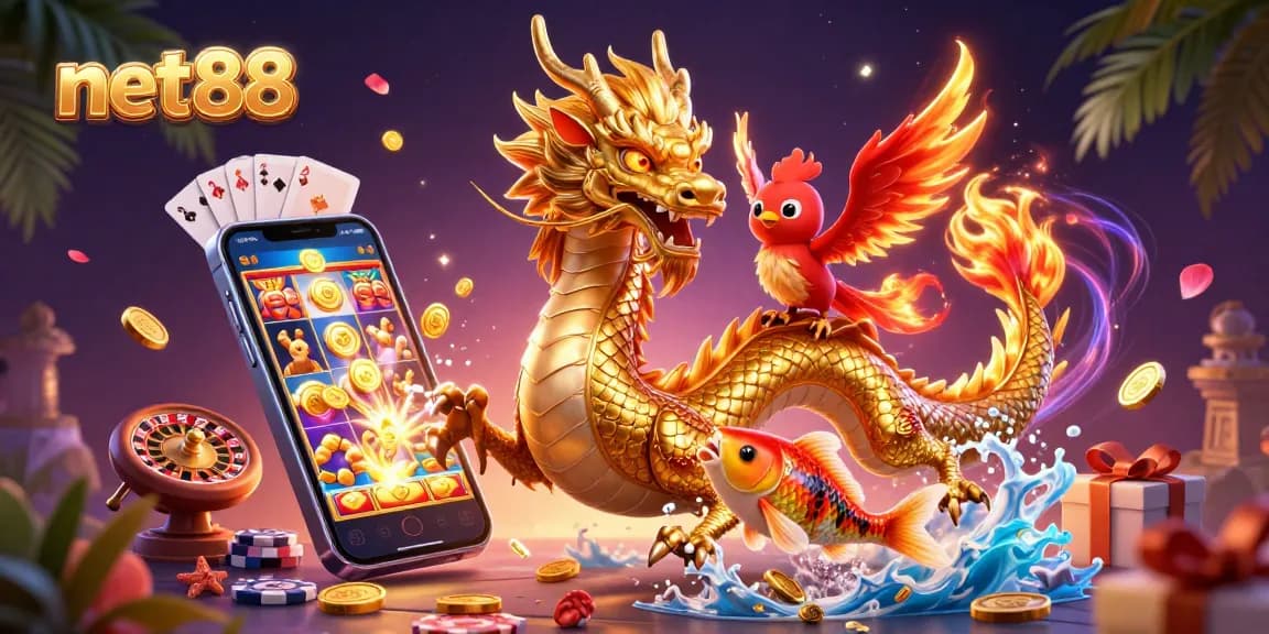 Spin to win with net88 in this vibrant casino adventure featuring dragons and coins.