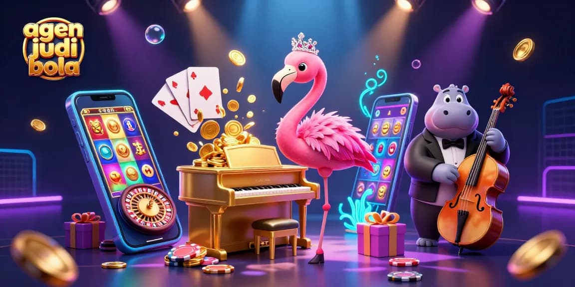 A scene showcasing agen judi bola with a stylish lounge singer flamingo and hippo bassist creating a vibrant casino atmosphere.