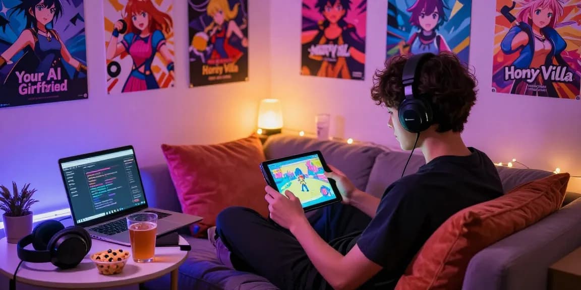 Engaging player enjoying a hentaigame on a tablet in a cozy gaming nook.