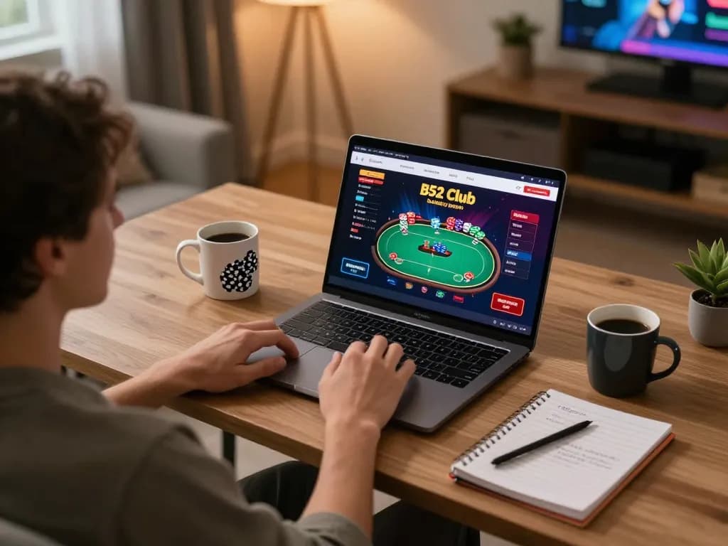 B52 club player engaging in online poker at home, showcasing a strategic and relaxed gaming atmosphere.