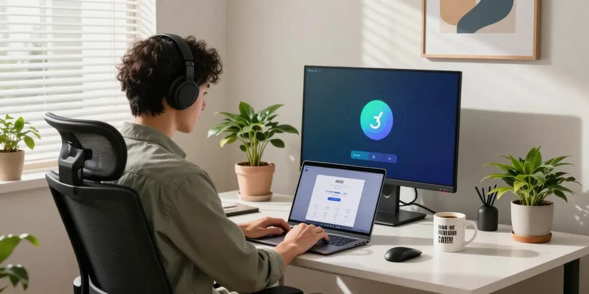 快连 VPN displayed on a laptop in a modern home office