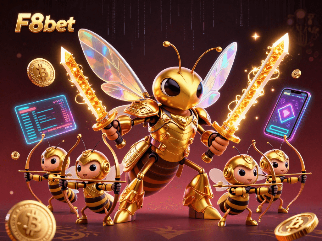 Bet on F8bet with an epic scene of samurai hornets surrounded by cryptocurrency elements.