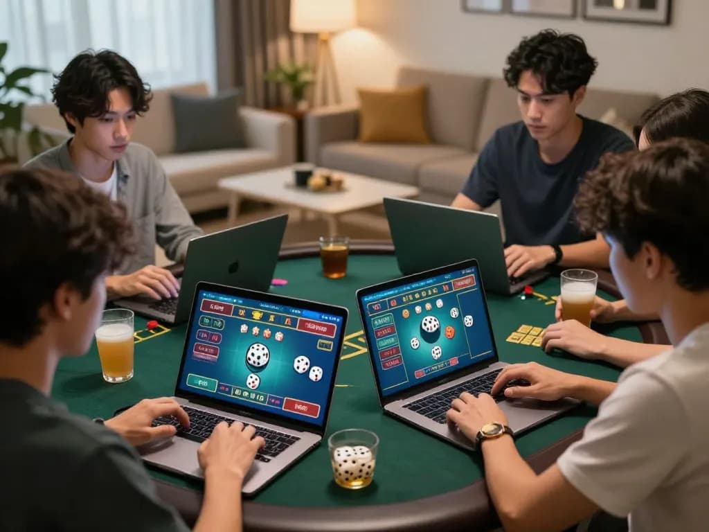Players enjoying Tài Xỉu on taixiuvn, showcasing online casino gaming action in a cozy setting.