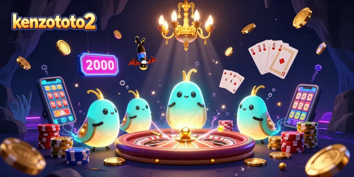 Menyaksikan permainan seru di kenzototo2 dengan dealer kelelawar, permainan slot, dan koin emas yang berkilauan.