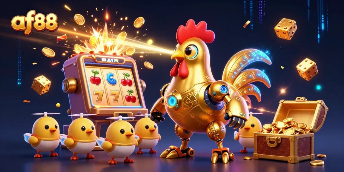 Engage with af88's thrilling slot experience featuring a golden rooster robot and baby chick drones.