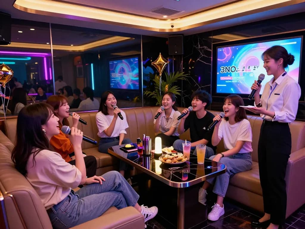 활기찬 나이트라이프와 독특한 노래방 경험을 포착한 https://www.3no.org/에서 즐거운 시간을 보내고 있는 손님들.