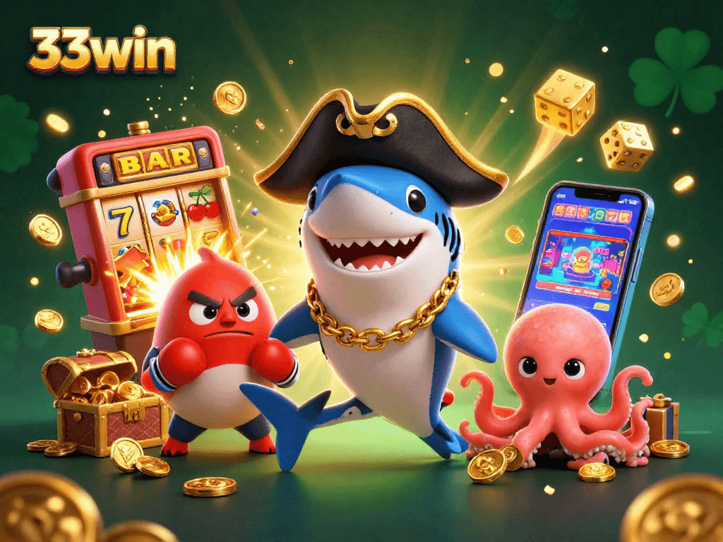 Engage with the fun of 33win featuring a dynamic pirate shark, pufferfish, and octopus in a vibrant casino scene.