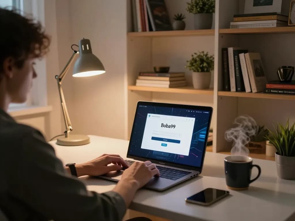 Antarmuka Login Boba99 ditampilkan di laptop dalam pengaturan perjudian rumah yang nyaman dengan pencahayaan hangat dan suasana yang fokus