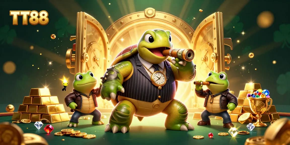 Experience TT88's vibrant casino atmosphere with cartoon turtle mobsters and treasure elements.