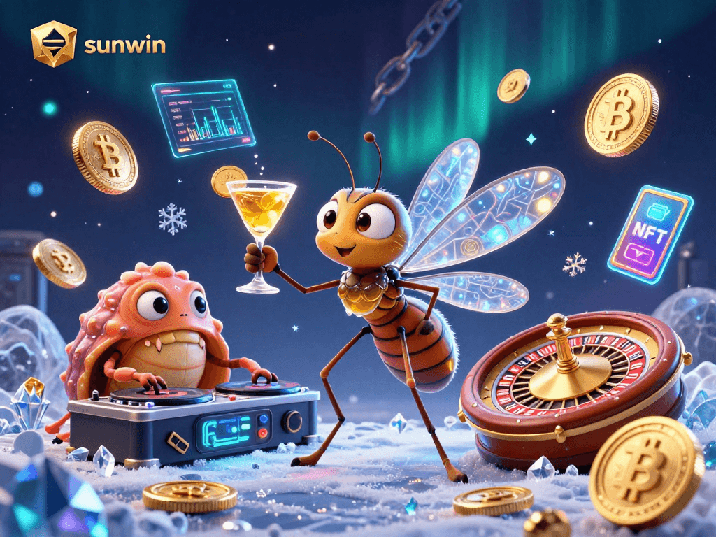 Experience the thrill at sunwin with this lively casino scene featuring unique characters and vibrant crypto elements.