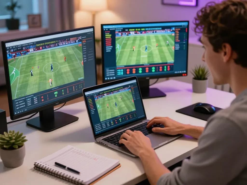 Person engaging in rr88 sports betting with multiple devices, focused on live match excitement.