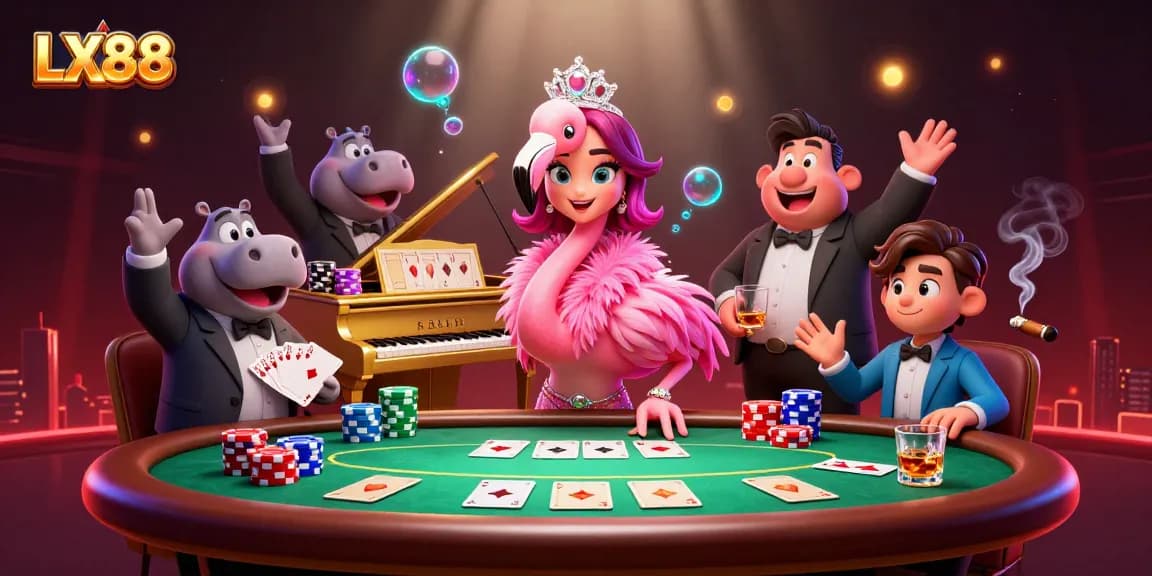 Experience thrilling moments at LX88 with a flamingo singer and hippo bassist, surrounded by poker excitement.