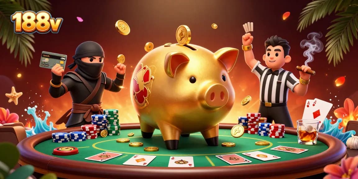 Engage with exciting gameplay at 188v showcasing a lively casino scene featuring a sumo banker and thrilling poker.