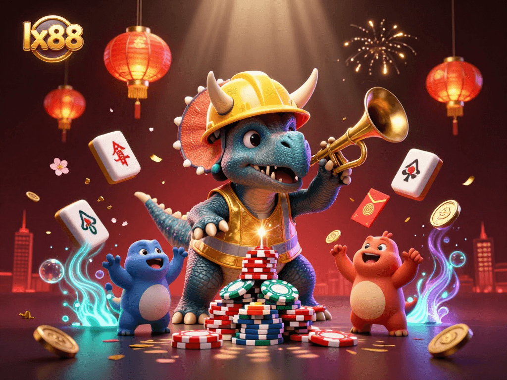 Experience the excitement of lx88 with a vibrant 3D casino scene featuring playful dinosaur characters celebrating a winning moment.