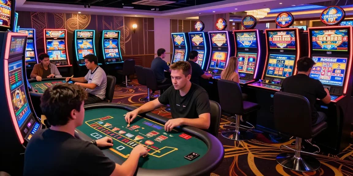 Scena coinvolgente di giocatori in un vivace casino digitale non AAMS, con giochi interattivi e tecnologia di gioco moderna.