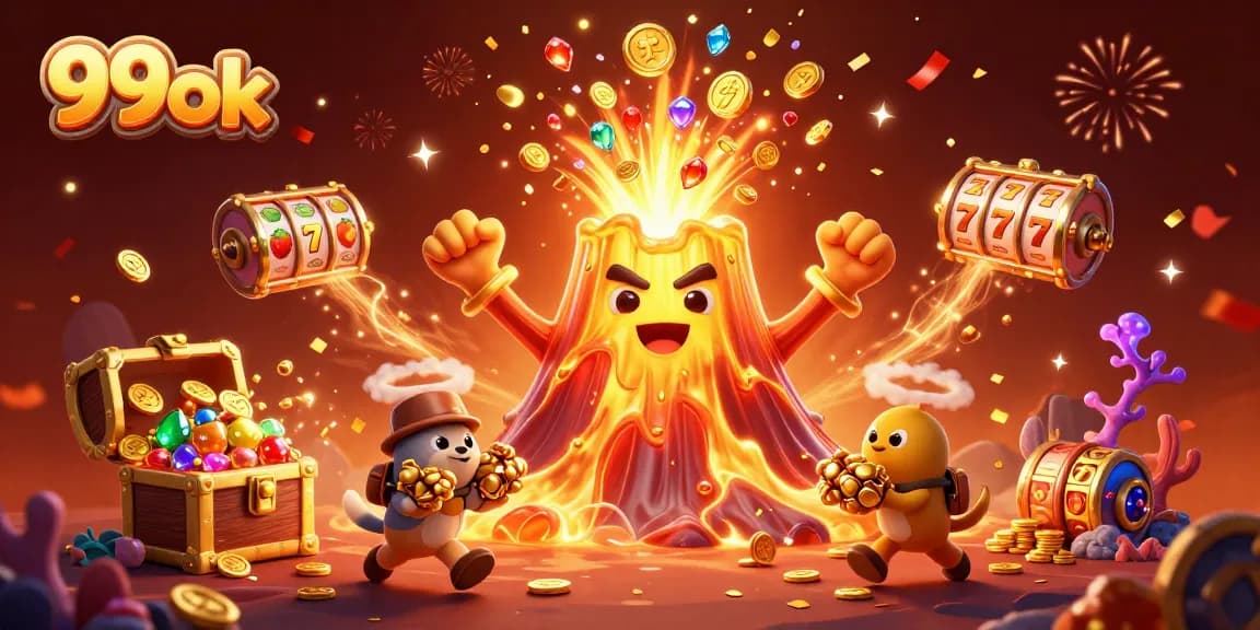 Unleash excitement with 99ok as a golden volcano erupts treasures in a lively casino scene
