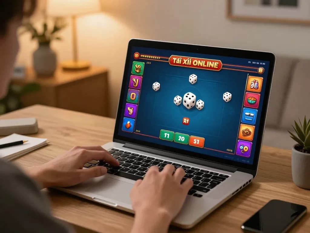 Engaging gameplay of tài xỉu online with player focused on thrilling dice results in cozy home setting
