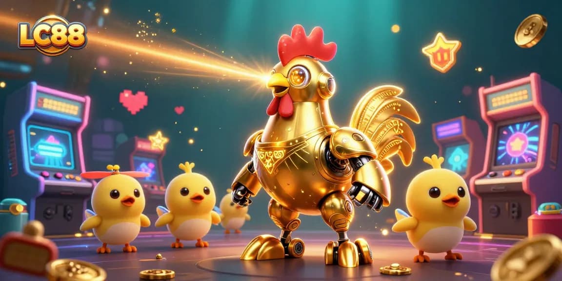 Play exciting casino games at LC88 with a dynamic 3D illustration of a golden rooster robot and baby chick drones.