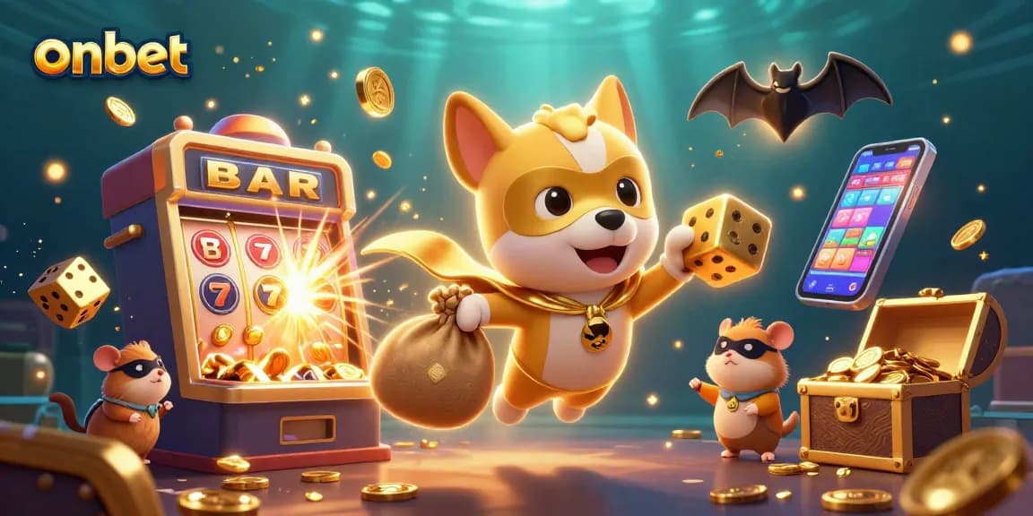 onbet superhero dog flies with coins in dynamic casino scene, showcasing thrills of online gambling
