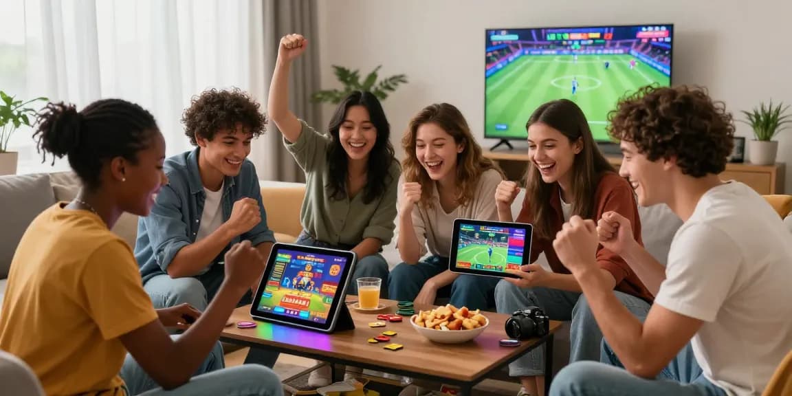 Freunde genießen eine Spielesitzung in einem Paysafe Card Casino mit lebhafter Atmosphäre und Technologieintegration.