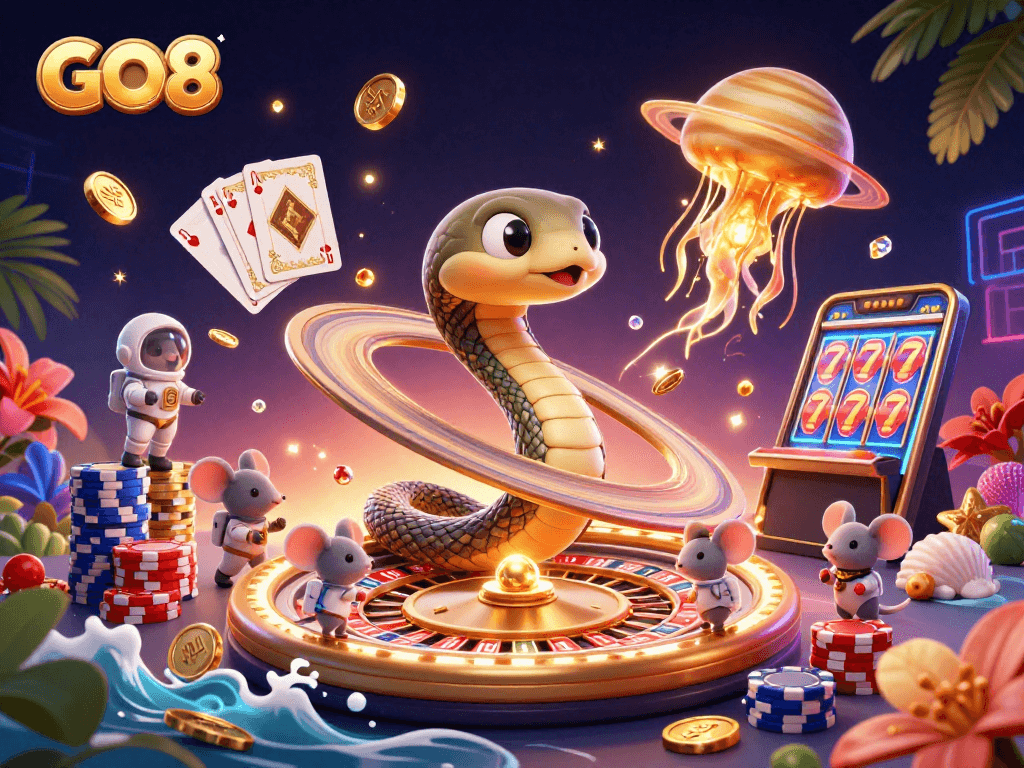Experience the thrilling excitement of GO8 where players can spin, bet, and win big with vibrant casino elements.