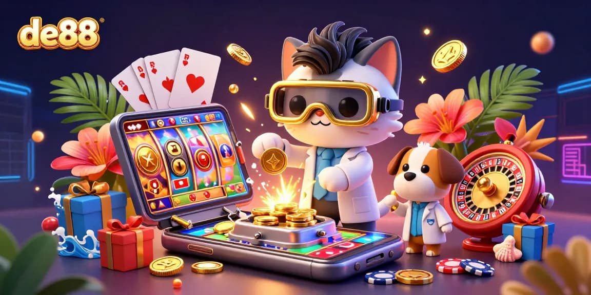 Experience thrilling gameplay with de88 as vibrant slot games and gold coins burst from action-packed scenes.