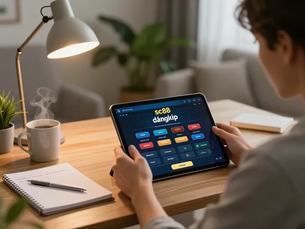 Engaging in sc88 đăng nhập on a tablet in a warm home office, showcasing strategic gaming.