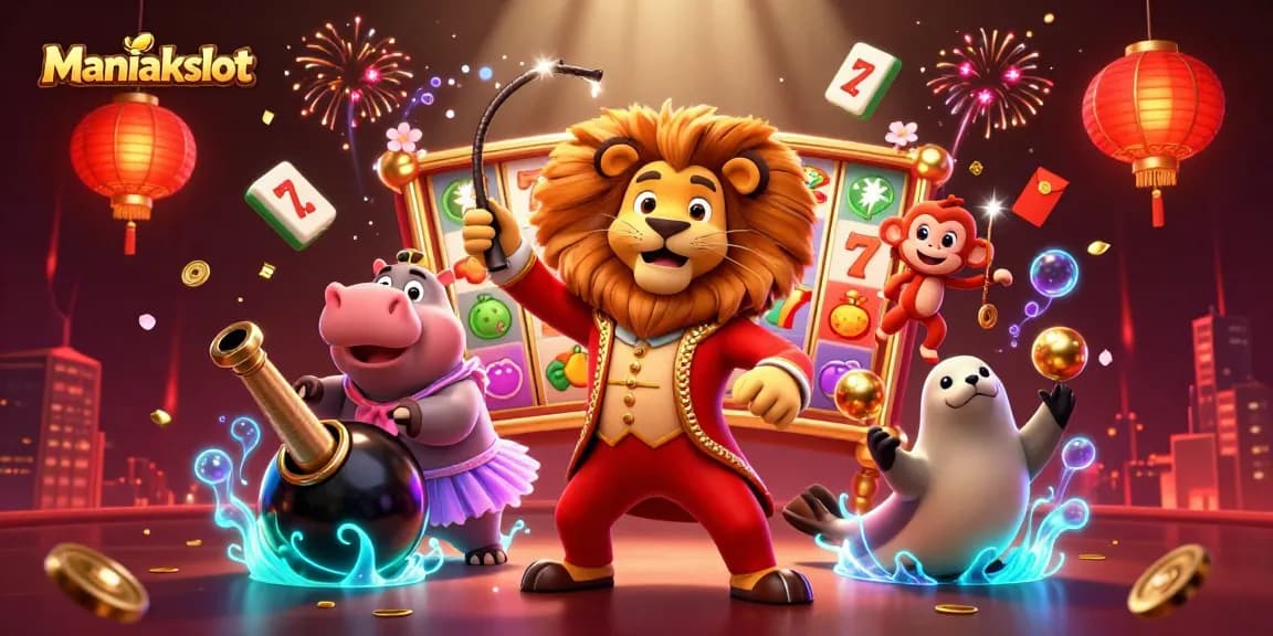 Experience the thrill of Maniakslot with dazzling slot reels and lively casino characters in this vibrant illustration.