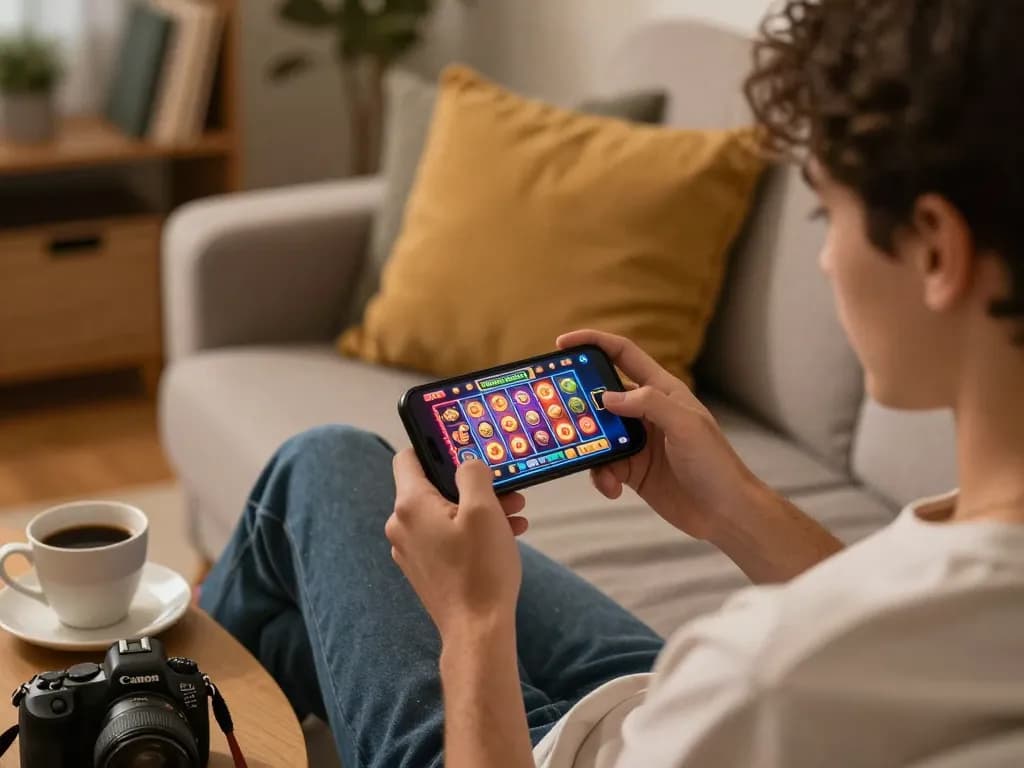 Engaged player using xin88 app on smartphone while relaxing at home, showing vibrant slot games.
