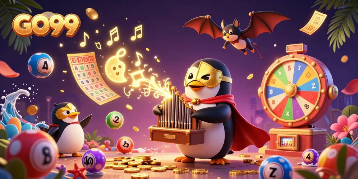 Win big at GO99 with vibrant lottery games and colorful characters in a lively casino scene.