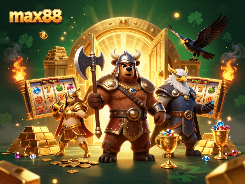 Experience max88's dynamic adventure with vibrant slot reels and gold treasures in a 3D casino scene.