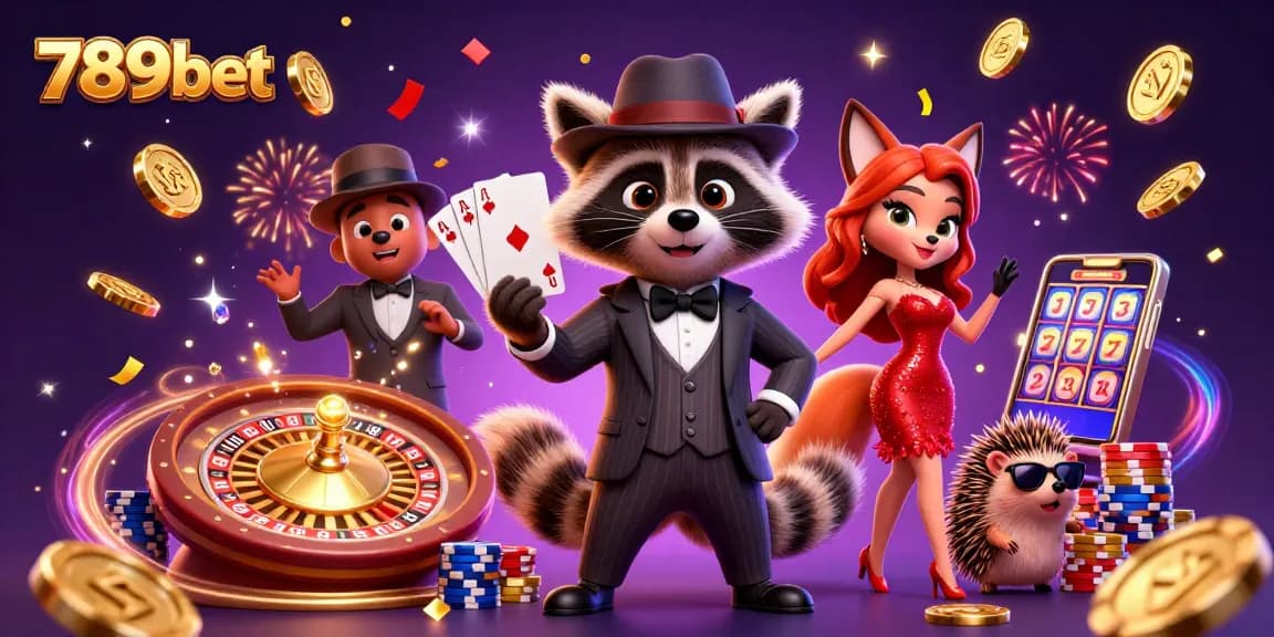 Win big with 789bet at this lively casino scene featuring a raccoon, fox, and hedgehog!