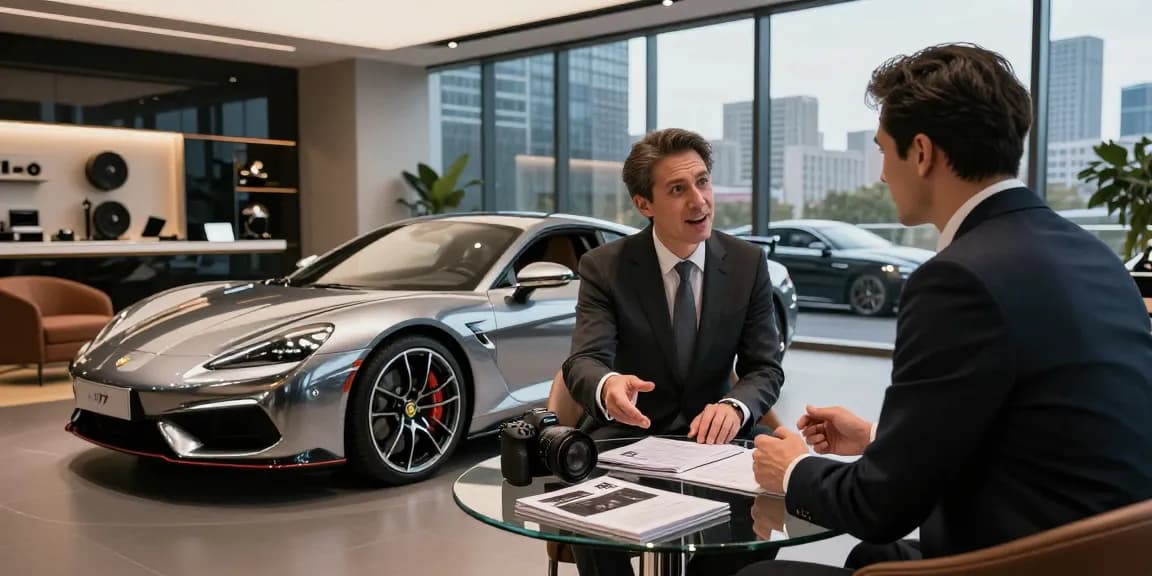 Menampilkan pengalaman pelanggan dengan LUXURY 777 di showroom mobil mewah, menekankan kemewahan dan kualitas layanan.