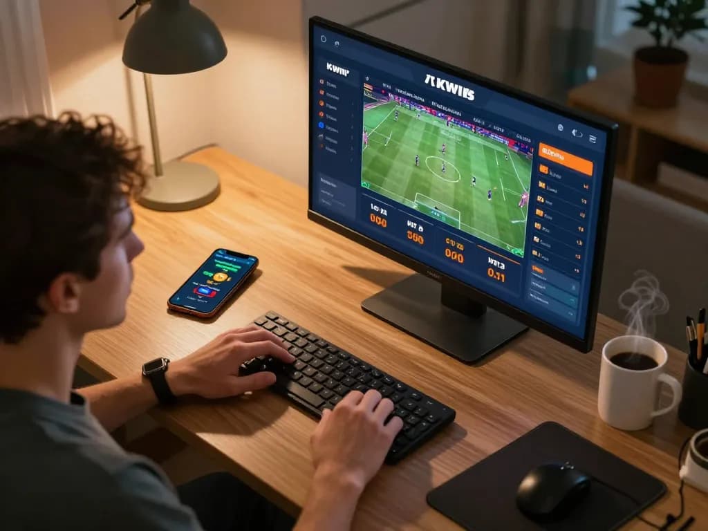 Person placing bets on KWIN sports betting app, engaging with live odds on phone.