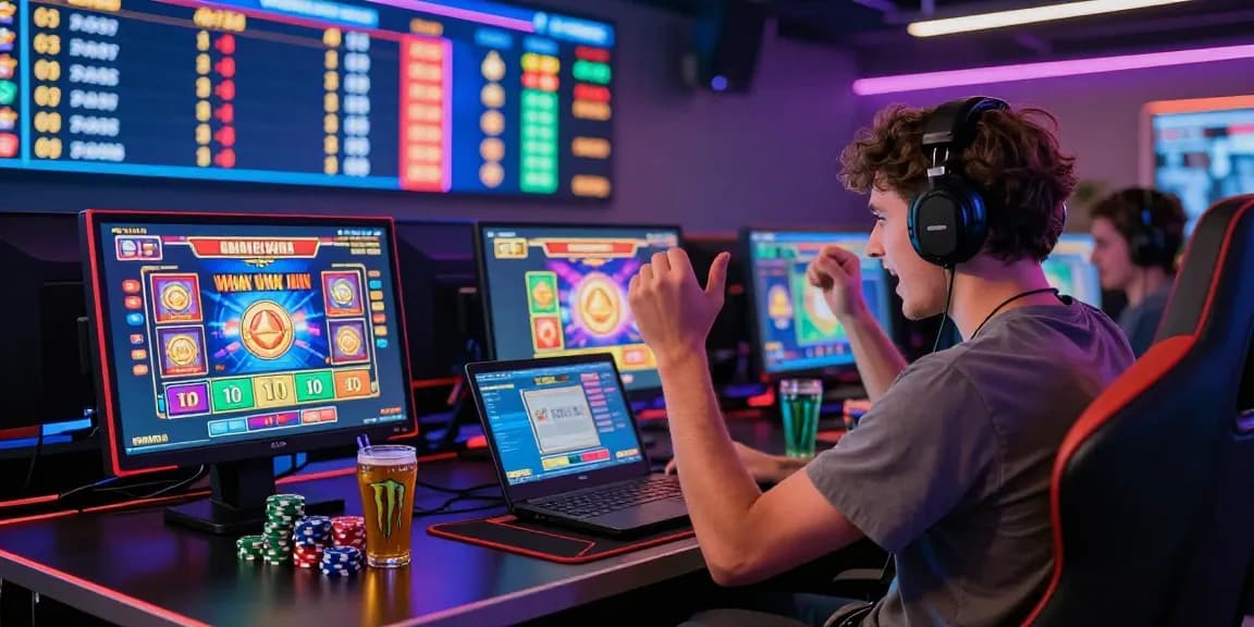 Exciting scene of online gaming with a focus on slot deposit 1000 wins and vibrant digital interfaces.