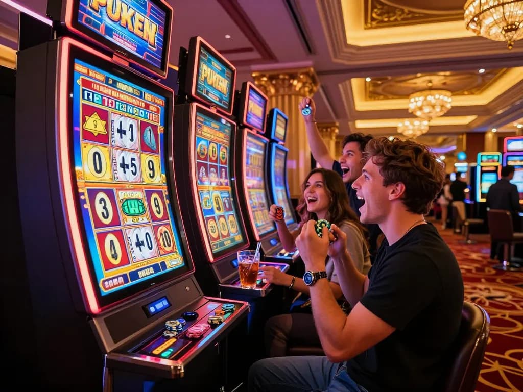 Player celebrating a win at a jus77 slot machine in a vibrant casino atmosphere.
