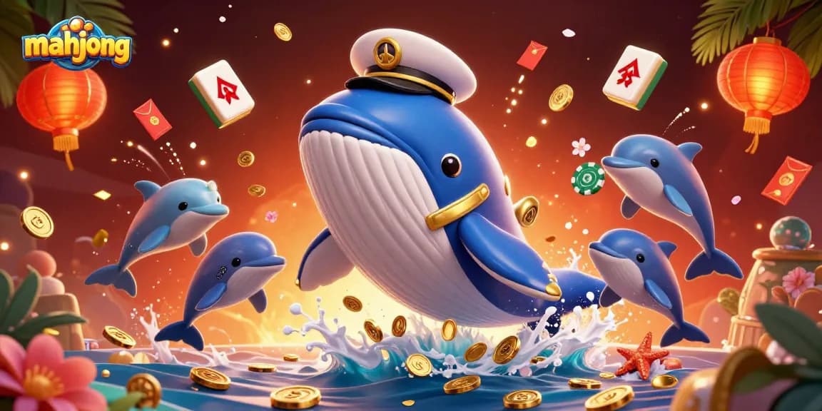 Engaging mahjong scene featuring a cartoon whale and dolphin playing among golden coins and tiles, enhancing the gaming experience.