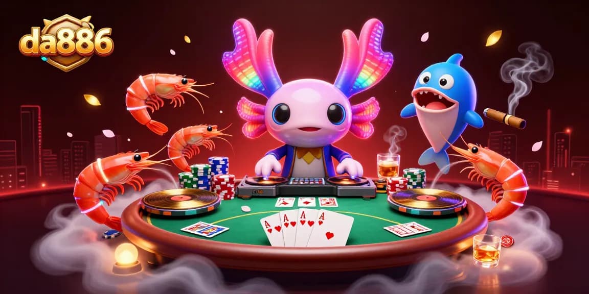 Experience da886's vibrant casino atmosphere, featuring an axolotl DJ and poker elements.