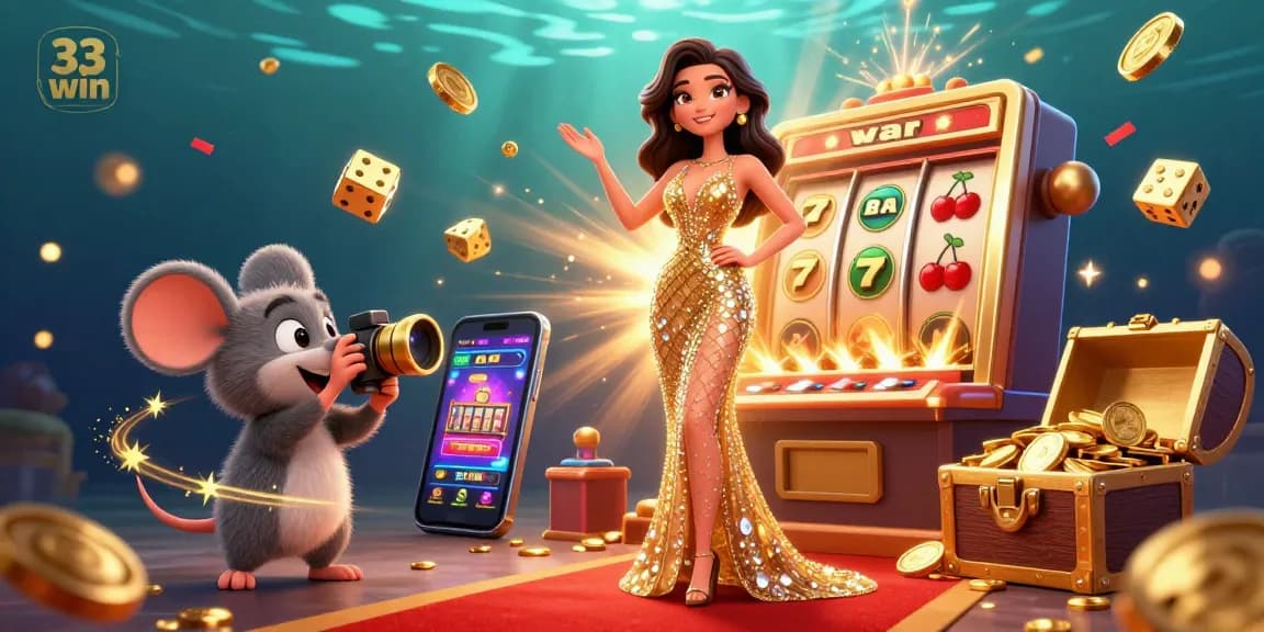 Win big at 33 win with a dynamic casino scene featuring stunning characters, slot machines, and golden coins.