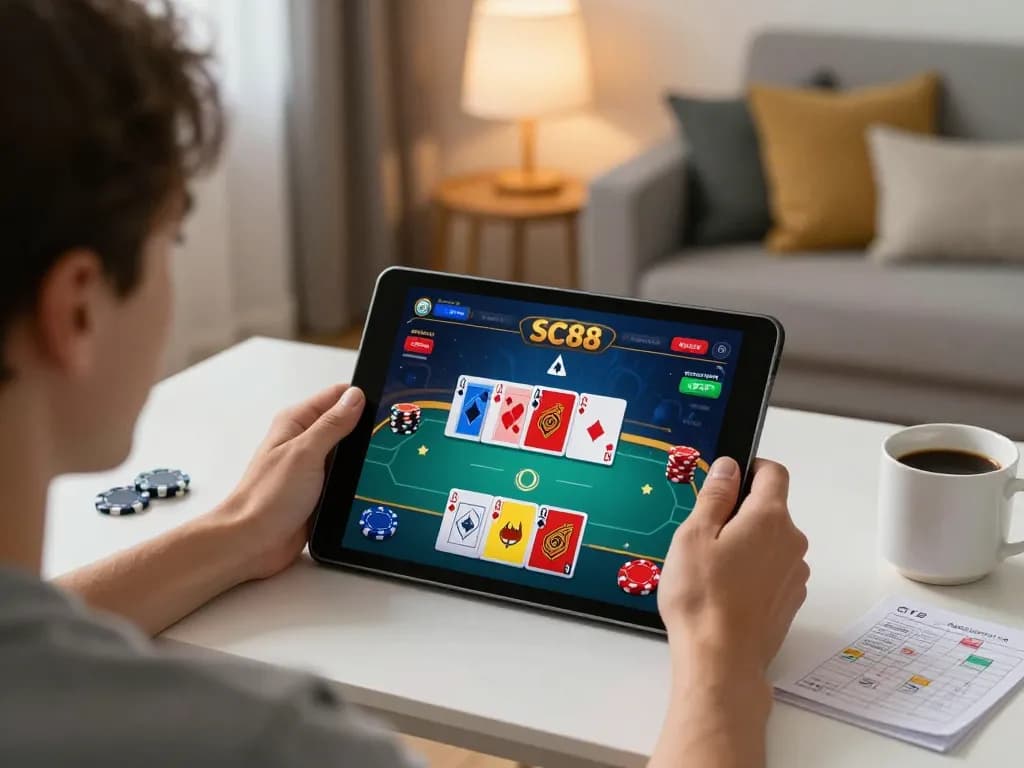 Player engaging in SC88 online poker game on tablet, vibrant atmosphere showing strategy notes and cozy home setting.